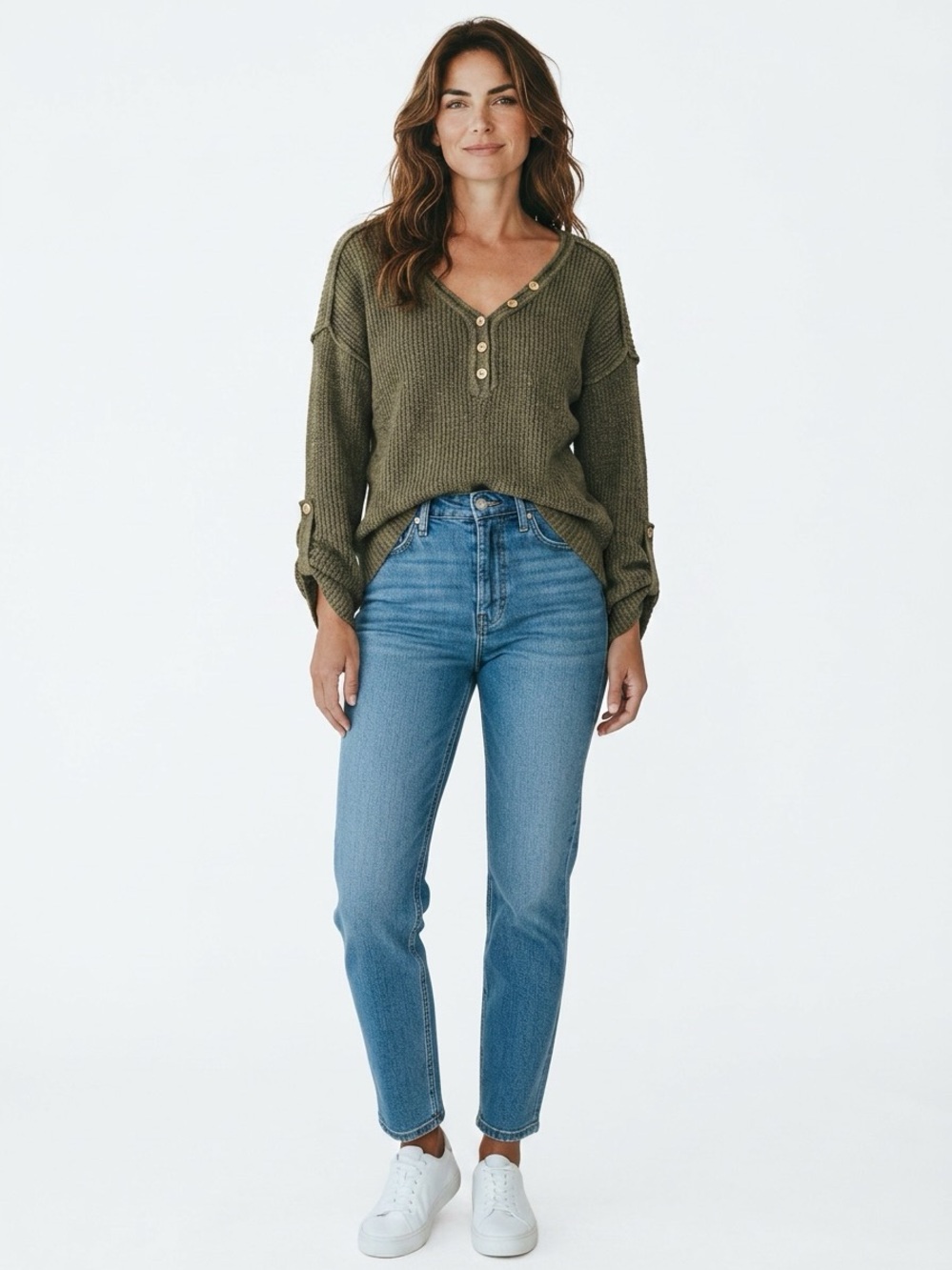 mine Olive Green Waffle Henley Sweater Top
